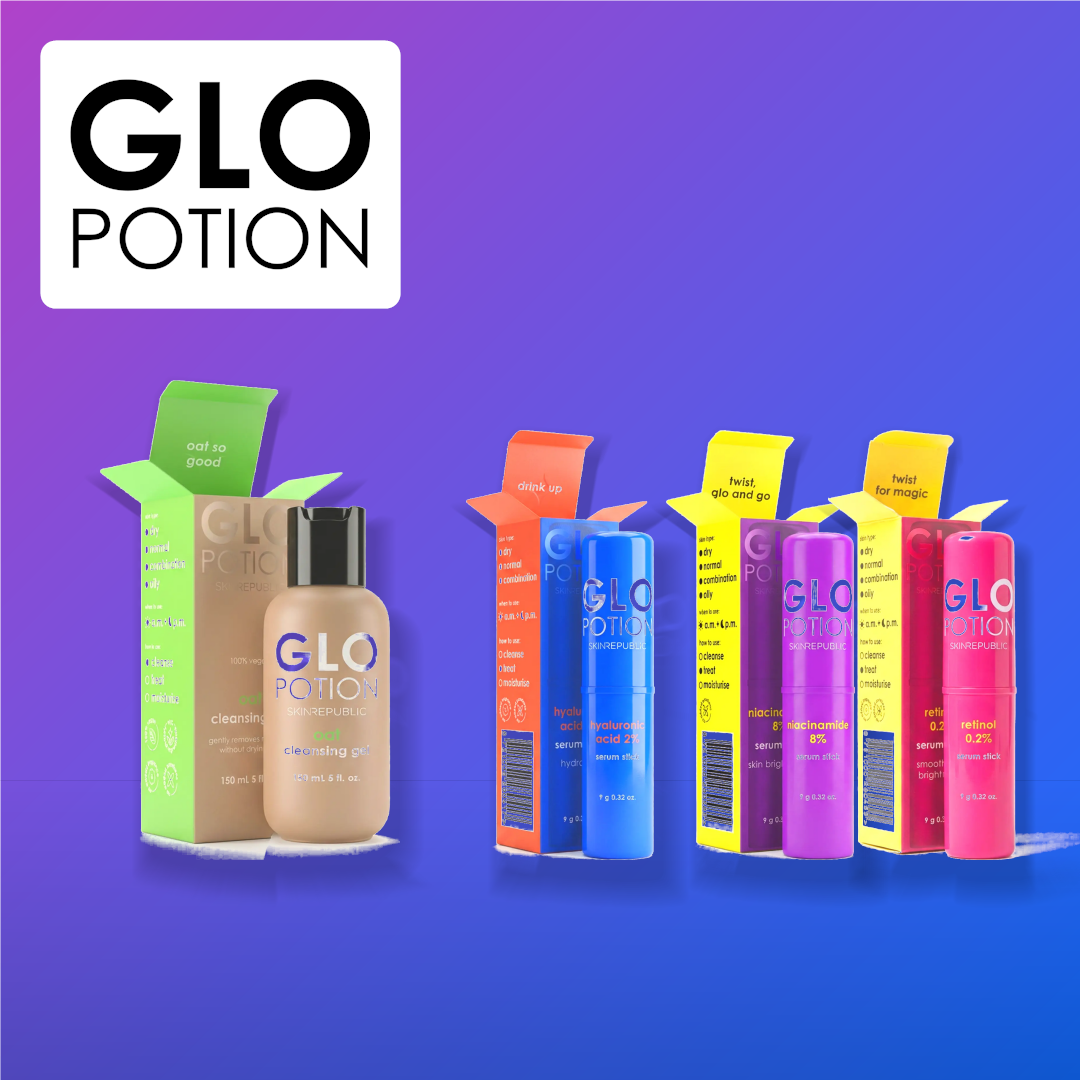 GloPotion Serum Stick Starter Kit: oat cleansing gel with hyaluronic acid, niacinamide and retinol serum sticks