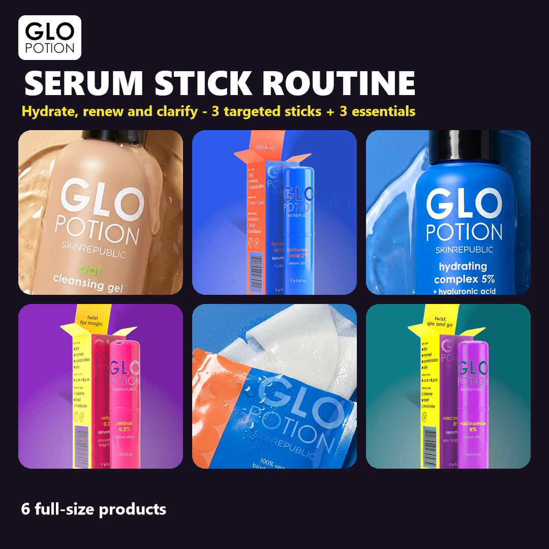 GloPotion Serum Stick Routine Bundle - hyaluronic acid, retinol and niacinamide serum sticks with oat cleansing gel, hydrating serum and a bamboo sheet mask